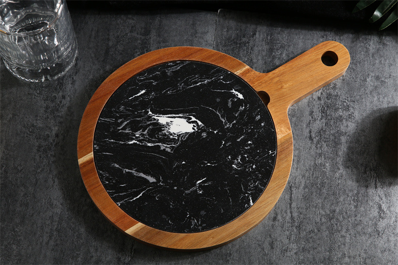 Compostable Material Configurable Round Acacia Wood Serving Tray with Removable Black Marble Slate – 2-in-1 Charcuterie & Pizza Board