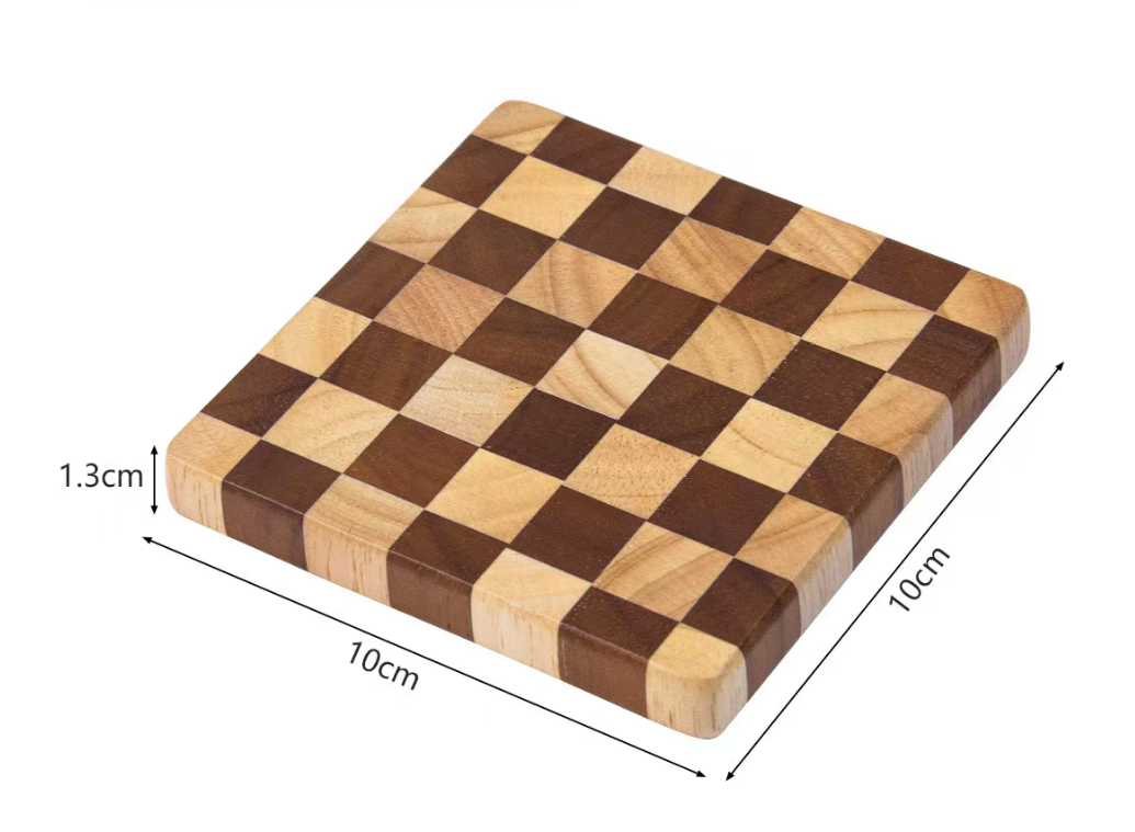 Rustic Rubberwood Checkered Heat Insulation Pad – 10×10cm Square Wooden Coaster