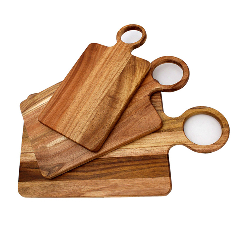 Certified food safe on-demand production Set of Acacia Wood Cutting Boards with Round Handle – Nesting Paddle Serving & Chopping Board Set from Factory