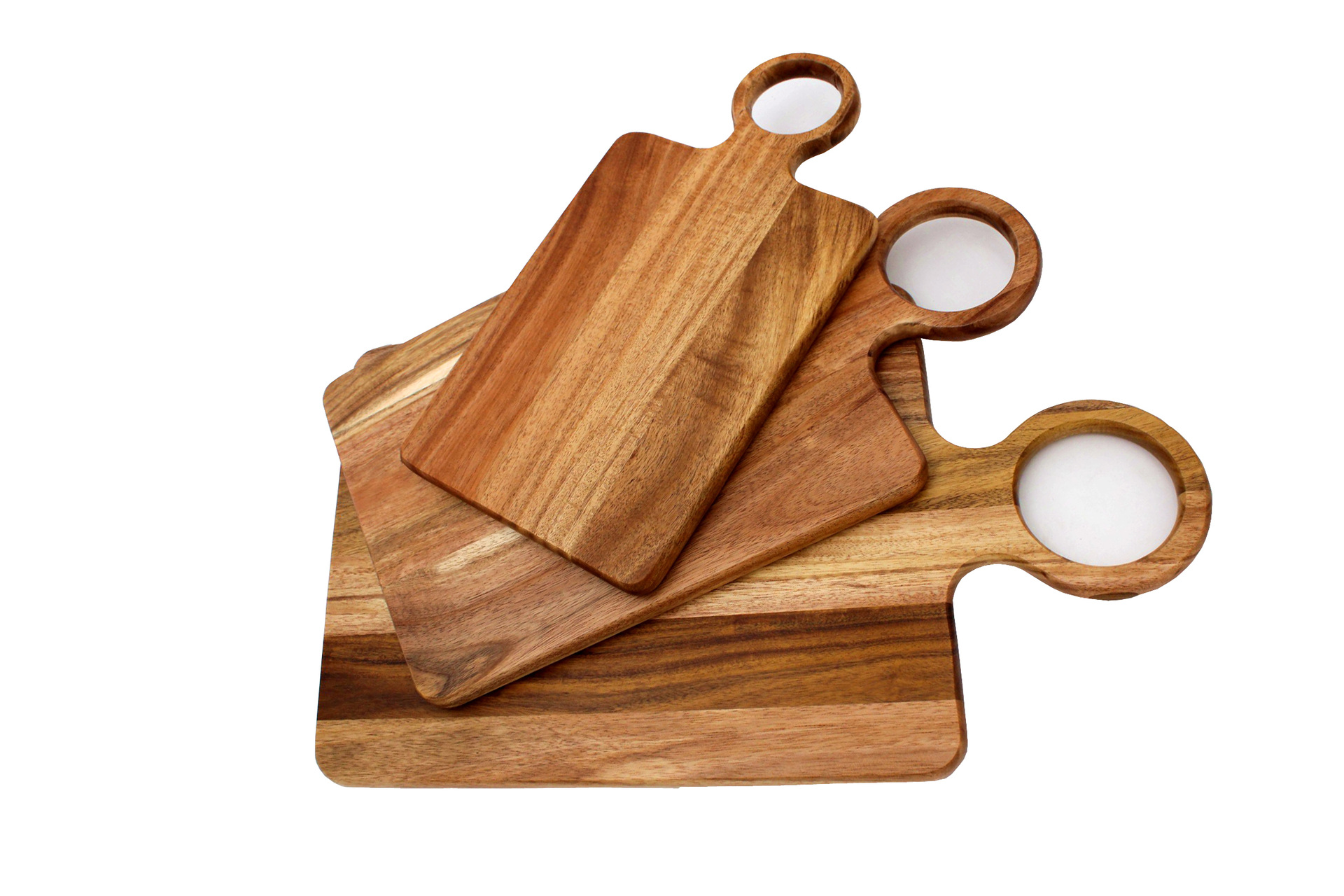 Certified food safe on-demand production Set of Acacia Wood Cutting Boards with Round Handle – Nesting Paddle Serving & Chopping Board Set from Factory
