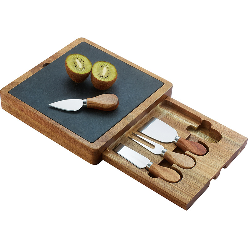 Food-Grade Adjustable Wood & Slate Cheese Board Set with Drawer – Acacia Serving Tray with 4 Stainless Steel Tools
