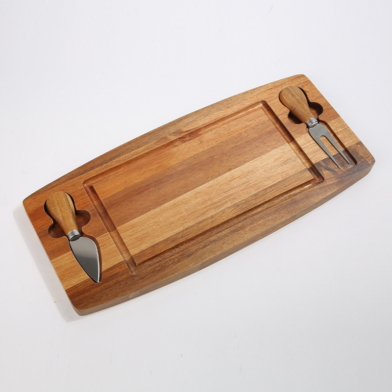 Kitchenware safe Flexible Design Wooden Cheese Serving Board with Knife & Fork – Acacia Charcuterie Tray with Built-In Utensils