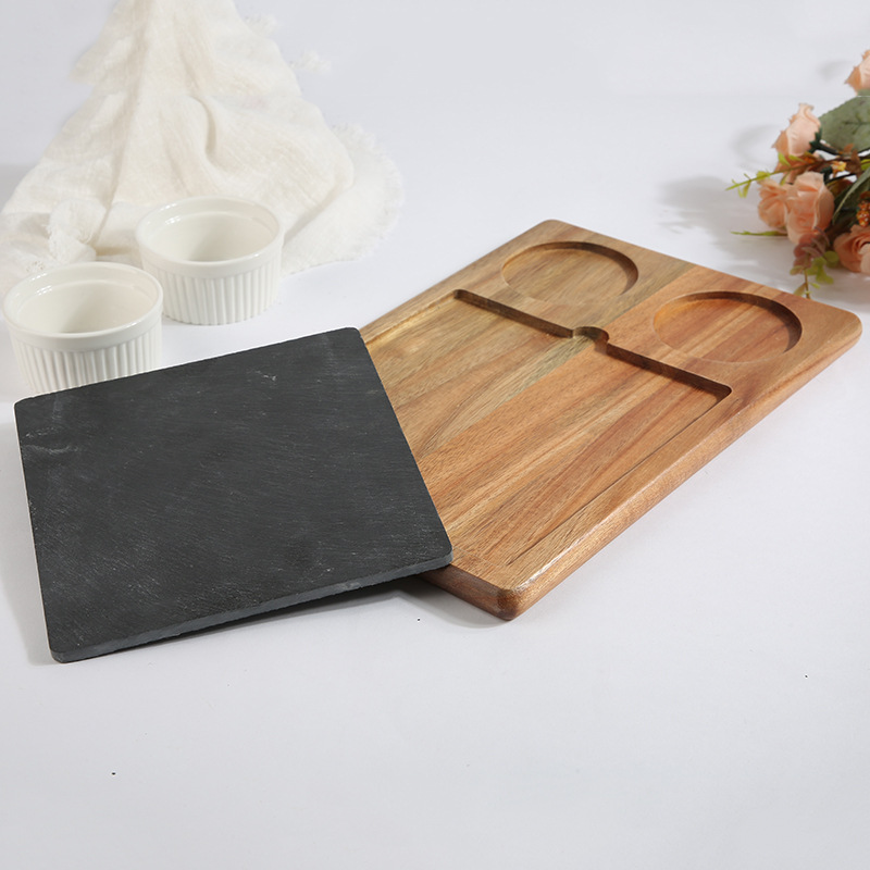 Kitchen-grade Configurable Wooden Serving Tray with Slate Board and Ceramic Bowls – Natural Acacia Wood Appetizer Platter Set
