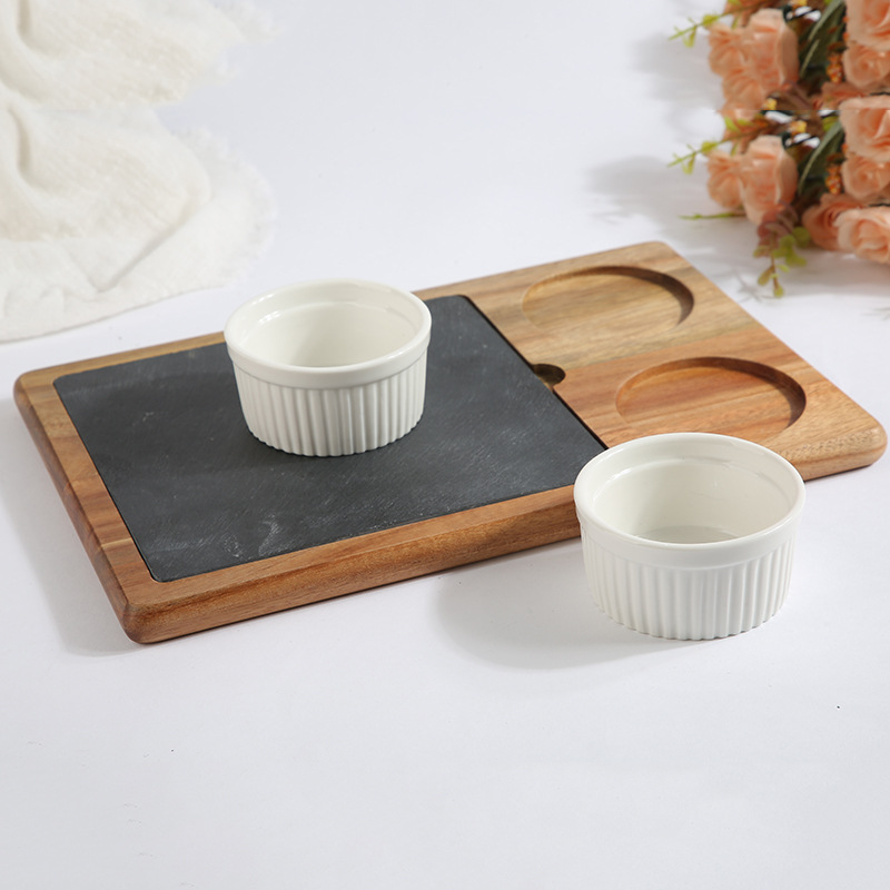 Kitchen-grade Configurable Wooden Serving Tray with Slate Board and Ceramic Bowls – Natural Acacia Wood Appetizer Platter Set