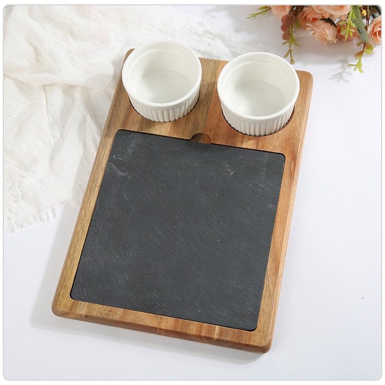 Kitchen-grade Configurable Wooden Serving Tray with Slate Board and Ceramic Bowls – Natural Acacia Wood Appetizer Platter Set