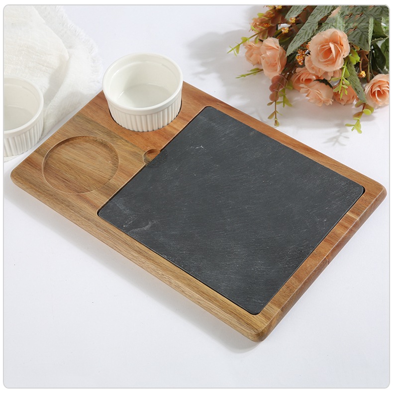 Kitchen-grade Configurable Wooden Serving Tray with Slate Board and Ceramic Bowls – Natural Acacia Wood Appetizer Platter Set