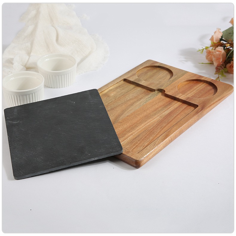 Kitchen-grade Configurable Wooden Serving Tray with Slate Board and Ceramic Bowls – Natural Acacia Wood Appetizer Platter Set