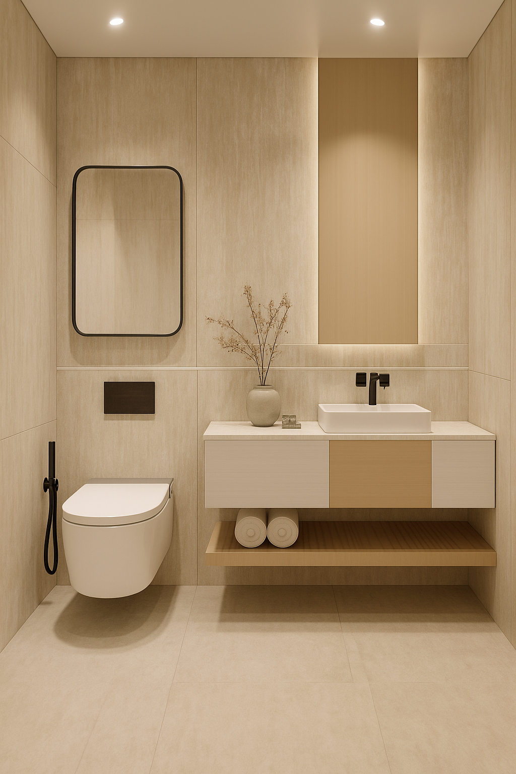 Modern Minimalist Wall-Hung Toilet Set with Integrated Vanity & Mirror