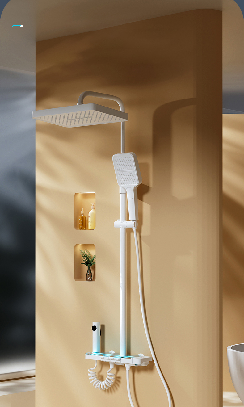 Luxury LED Thermostatic Shower System with Storage Shelf and Square Showerhead