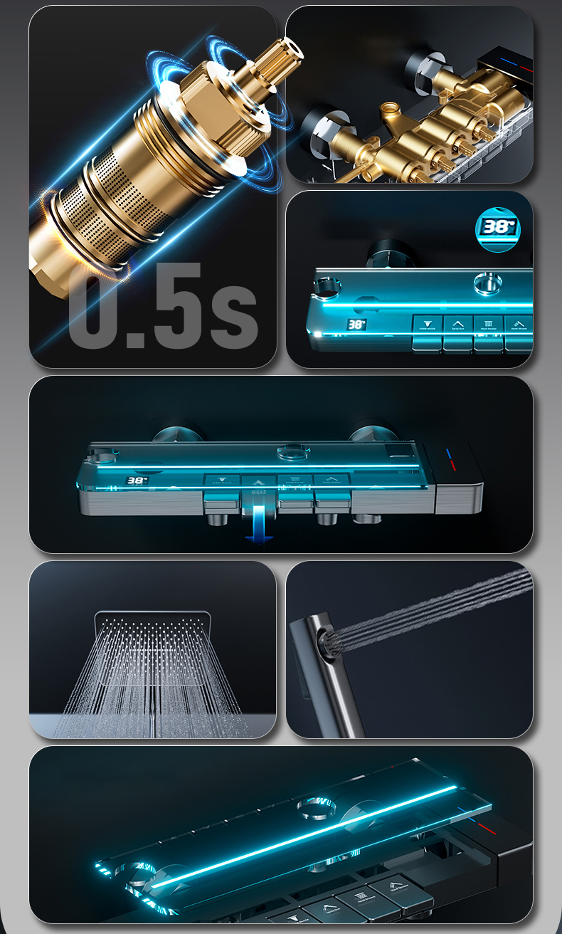 Luxury LED Thermostatic Shower System with Storage Shelf and Square Showerhead