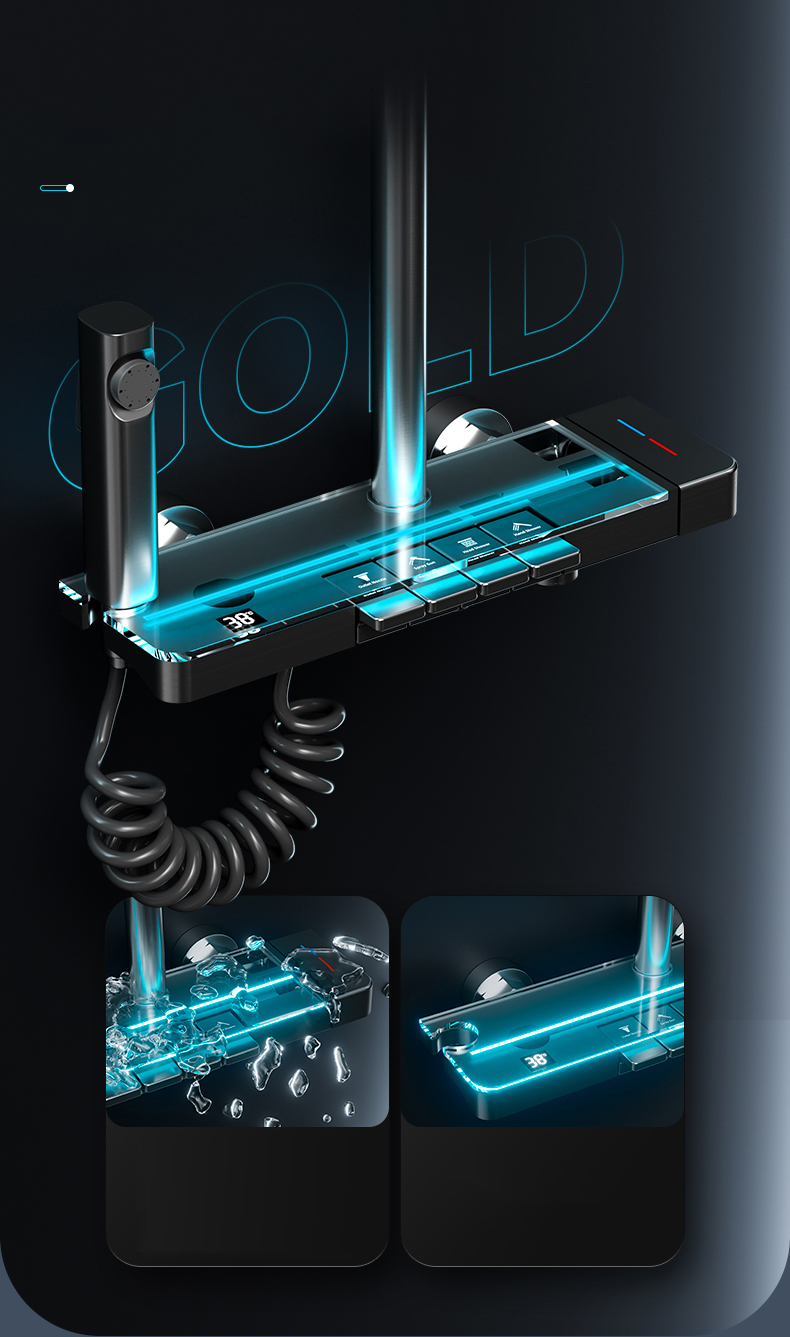 Luxury LED Thermostatic Shower System with Storage Shelf and Square Showerhead