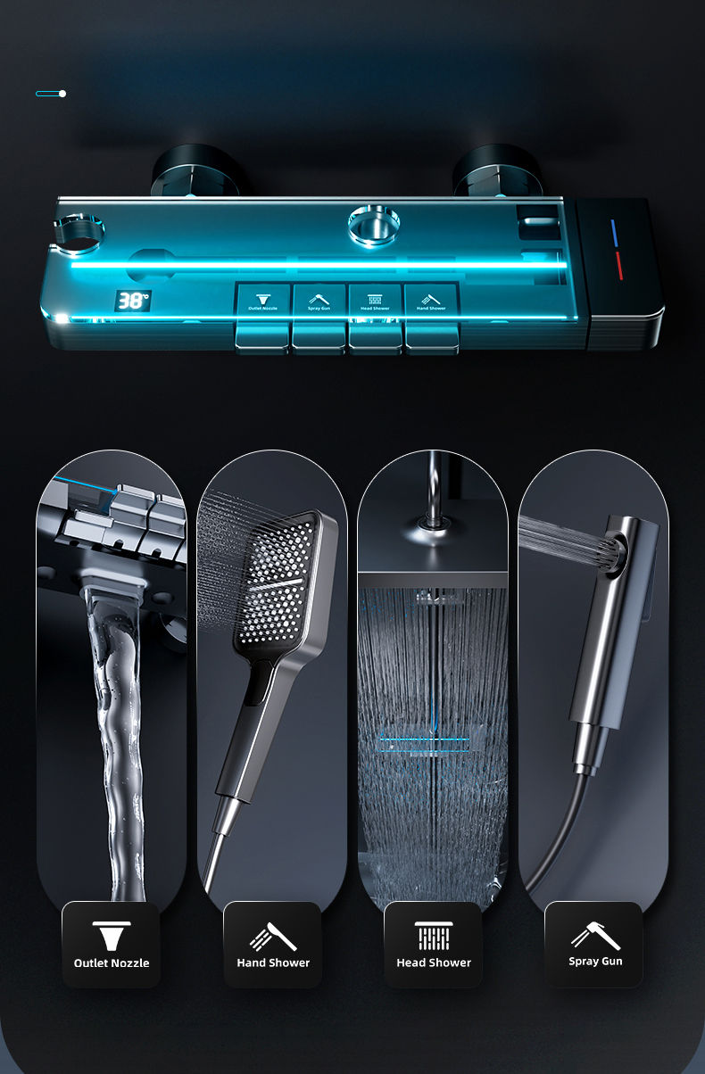 Luxury LED Thermostatic Shower System with Storage Shelf and Square Showerhead