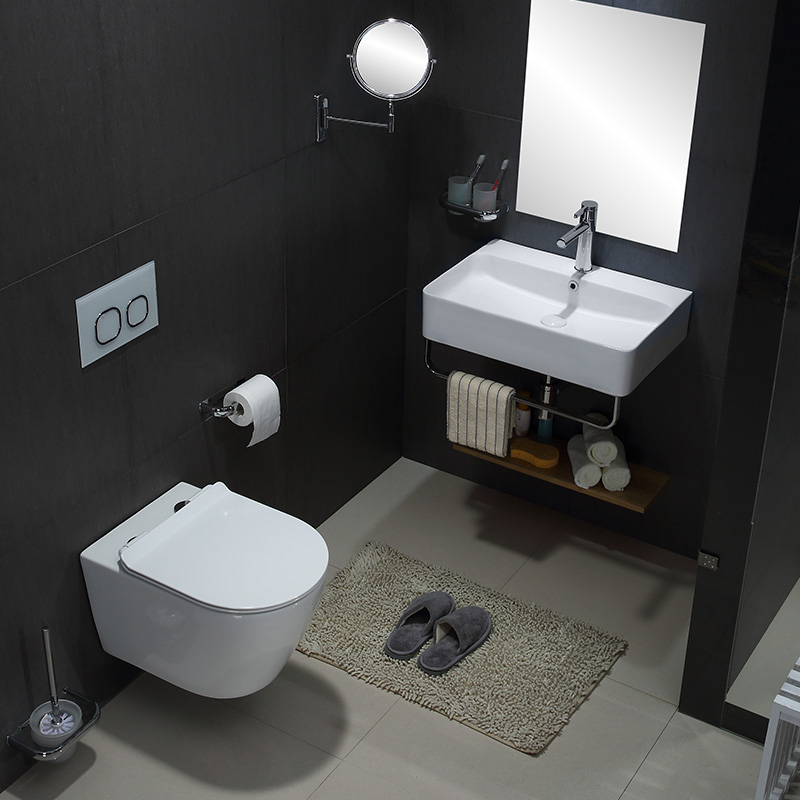 BF2476A Rimless Wall Hung Toilet – Space-Saving, Glossy White Ceramic WC