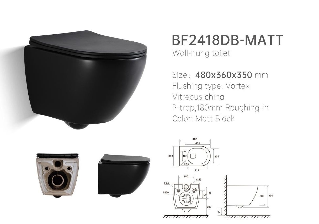 Modern Compact Wall Hung Toilet – Matte Black Vortex Dual Flush Space Saving WC