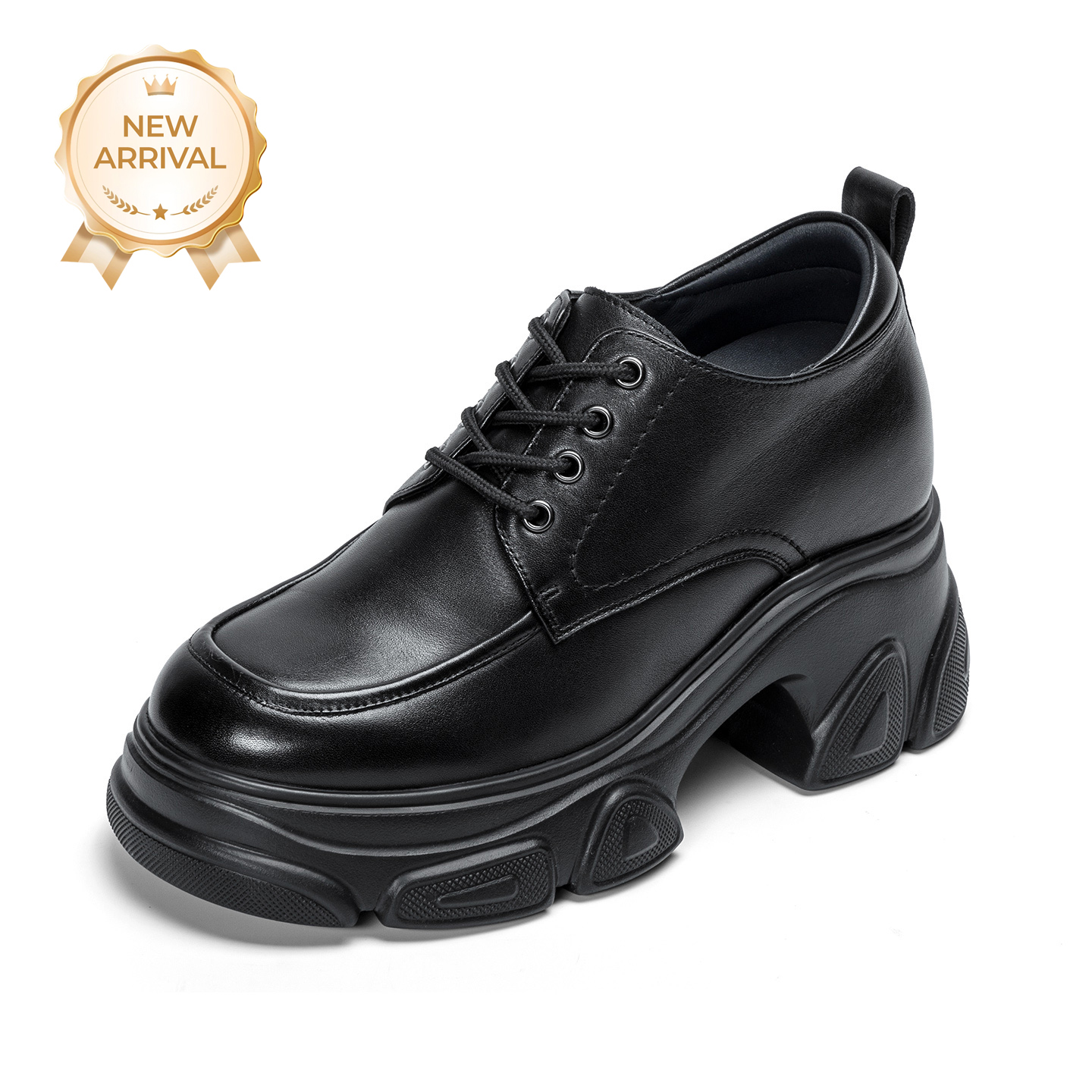 2025 New Women's Black Leather Loafers British Style Thick-Soled Casual Shoes with Fashionable Lace-Up Design