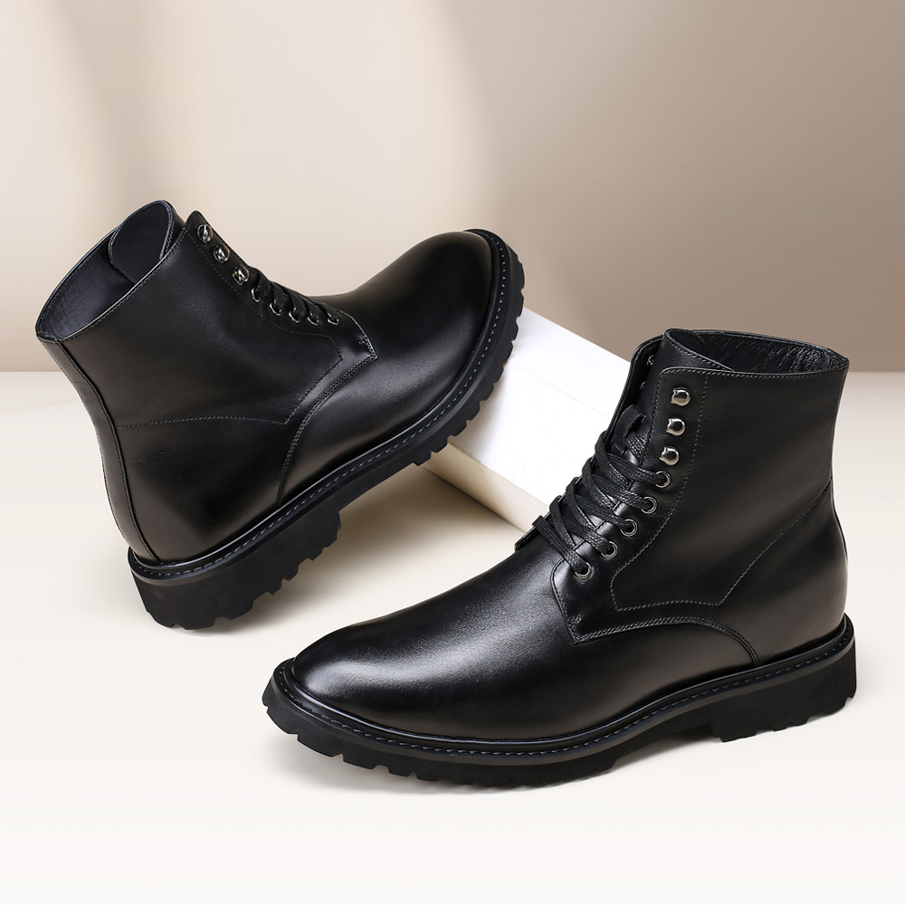 Tall Men Shoes OEM Elevator Work Boots Black Leather Boots 8cm / 3.15 Inches
