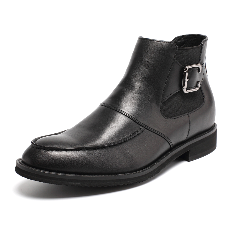 Black height increasing shoes genuine leather chelsea boots for men