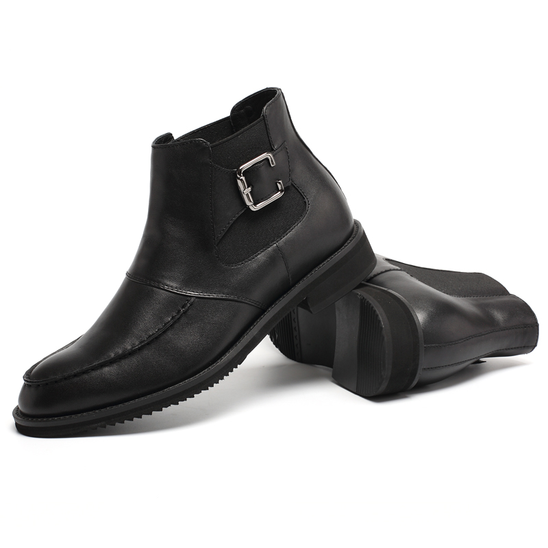 Black height increasing shoes genuine leather chelsea boots for men