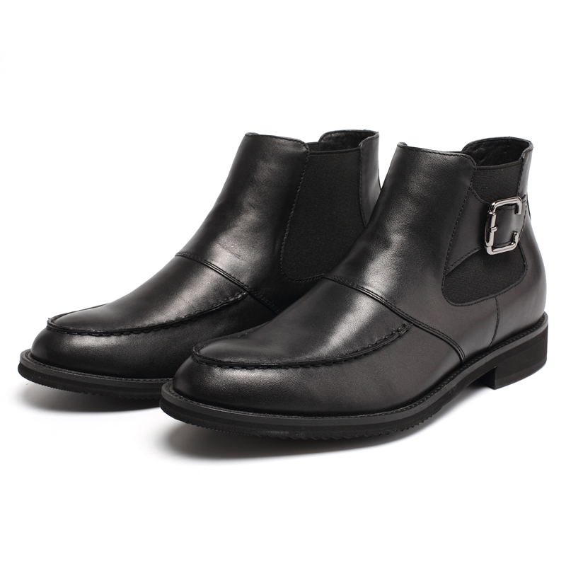 Black height increasing shoes genuine leather chelsea boots for men