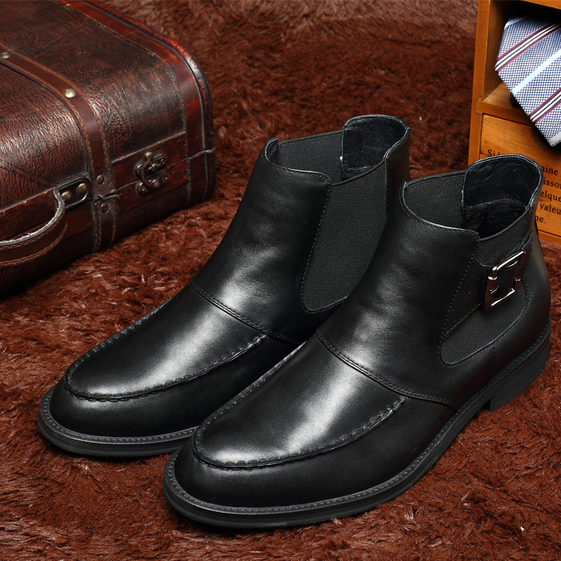 Black height increasing shoes genuine leather chelsea boots for men