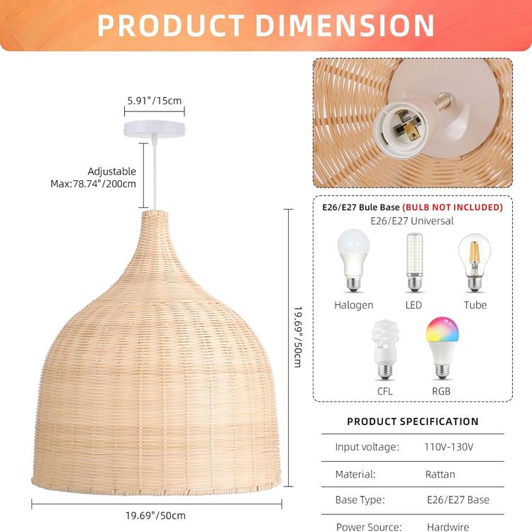 Handwoven Rattan Pendant Light – Natural Boho Style Ceiling Lamp