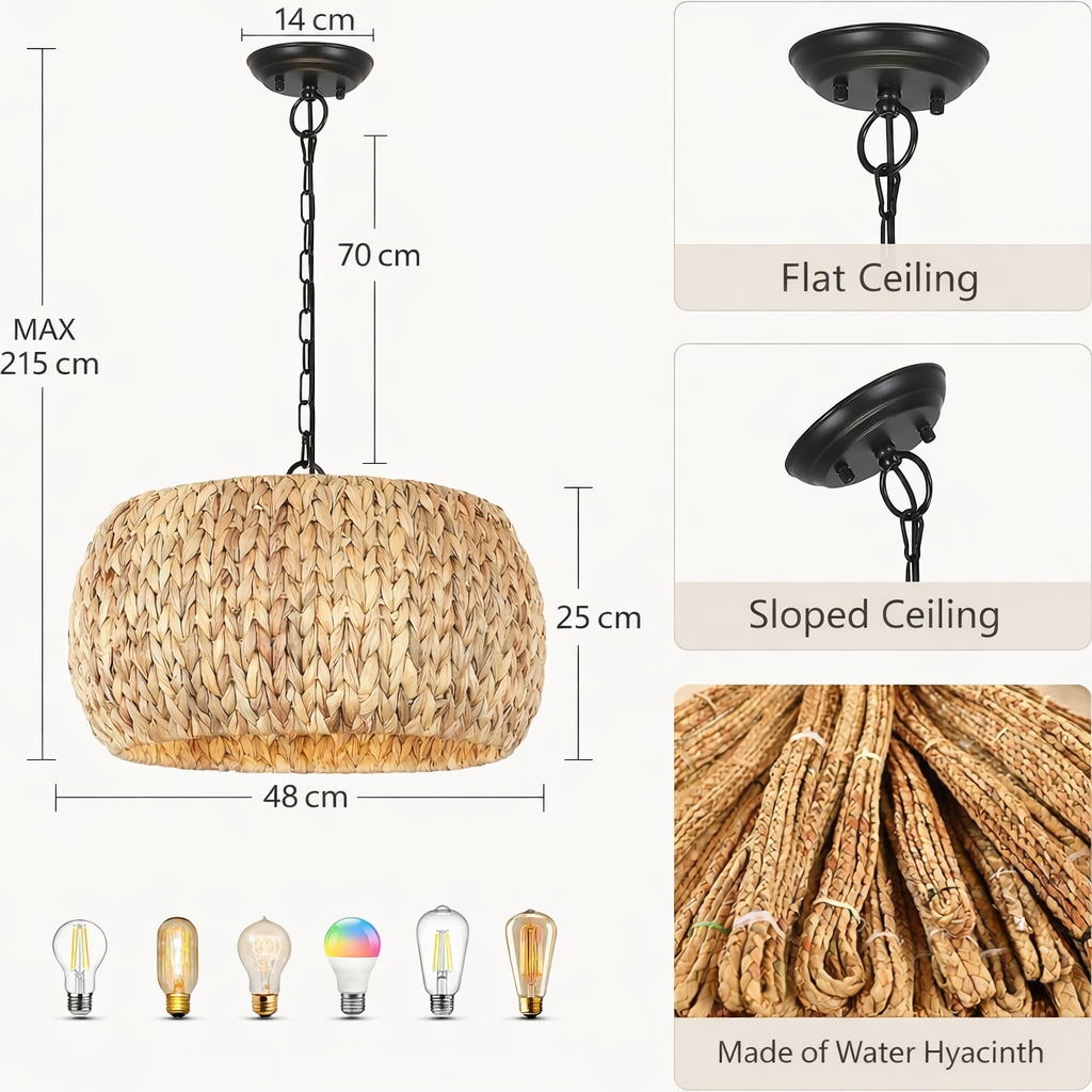 Handwoven Natural Rattan Pendant Light Rustic Woven Hanging Ceiling Lamp Boho Farmhouse Lighting Fixture