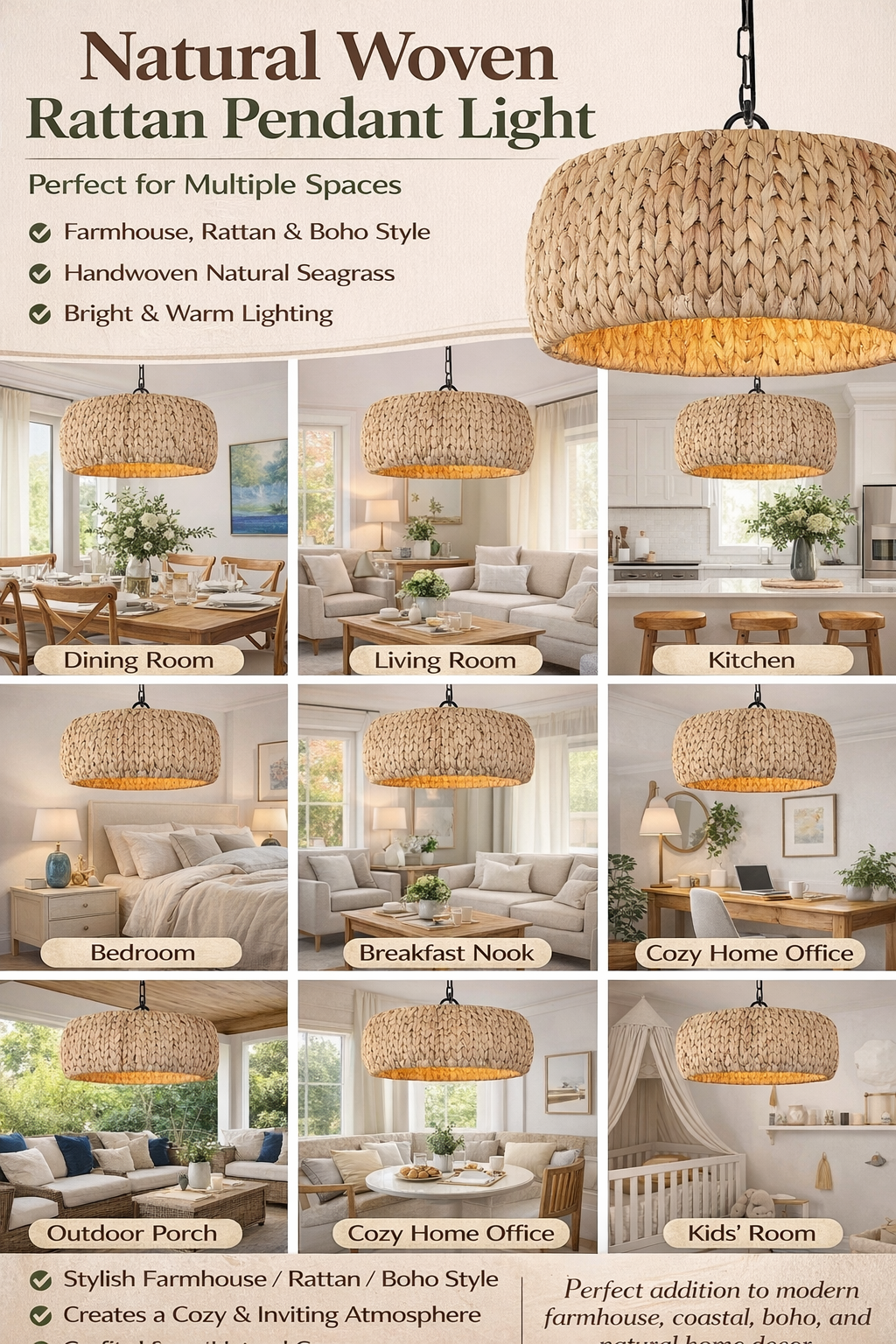 Handwoven Natural Rattan Pendant Light Rustic Woven Hanging Ceiling Lamp Boho Farmhouse Lighting Fixture