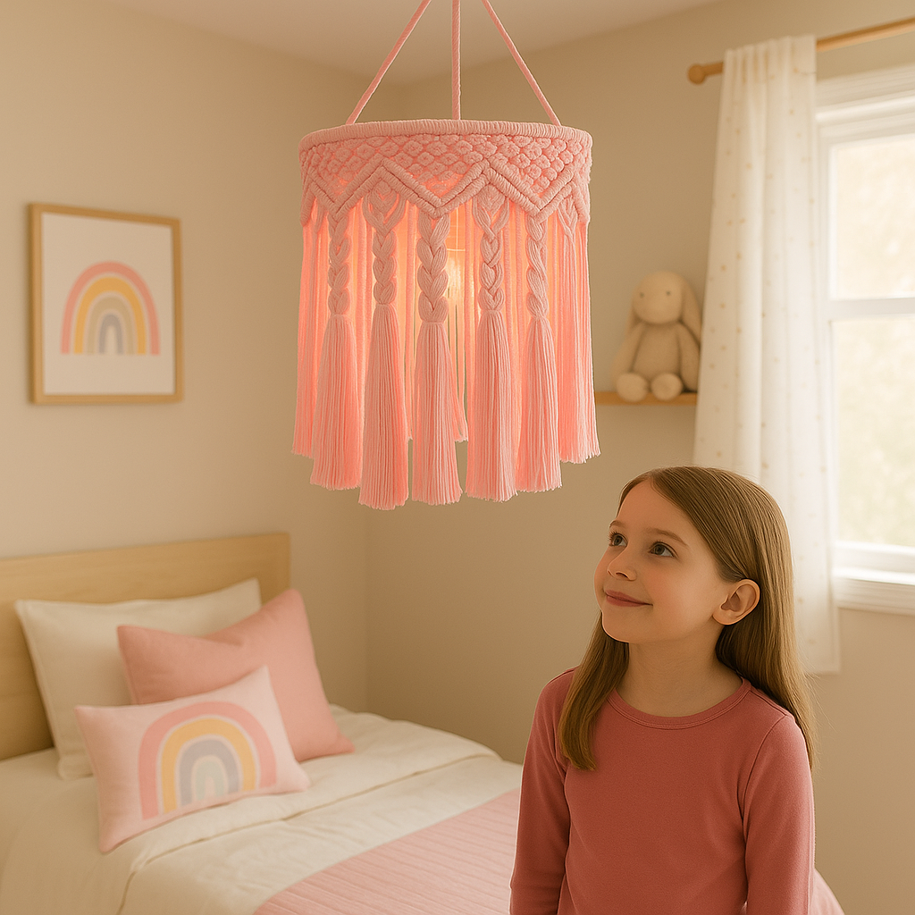 Whimsical Pink Boho Macrame Pendant Light – Handwoven Charm for Girls' Bedrooms