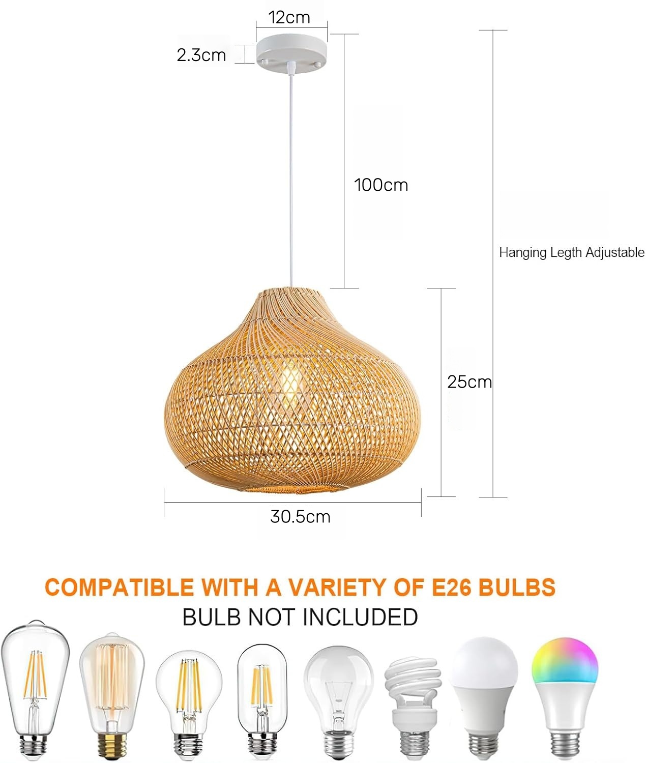 Boho Style Handwoven Rattan Pendant Light for Living Room/Dining Room/Bedroom