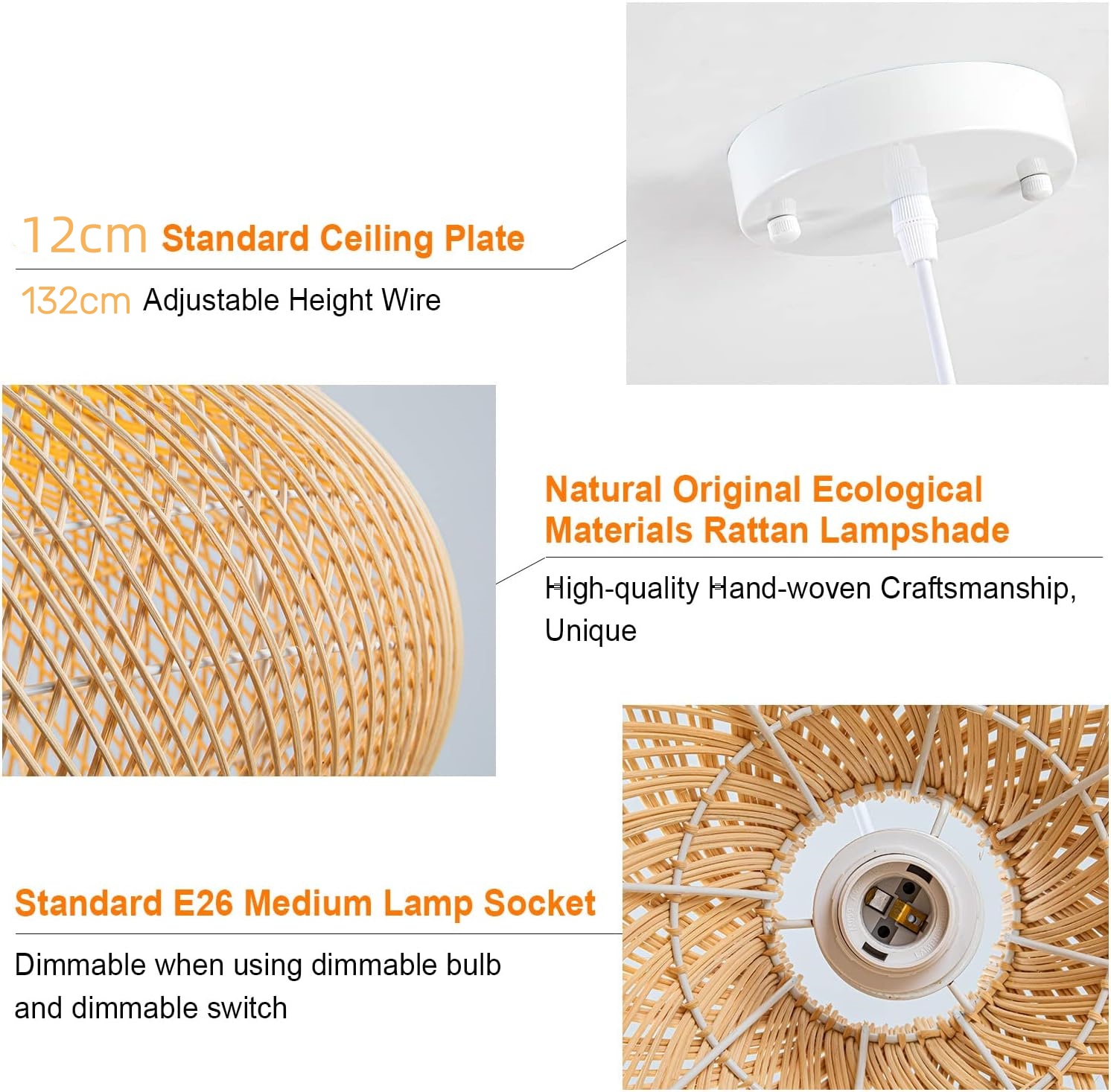 Boho Style Handwoven Rattan Pendant Light for Living Room/Dining Room/Bedroom