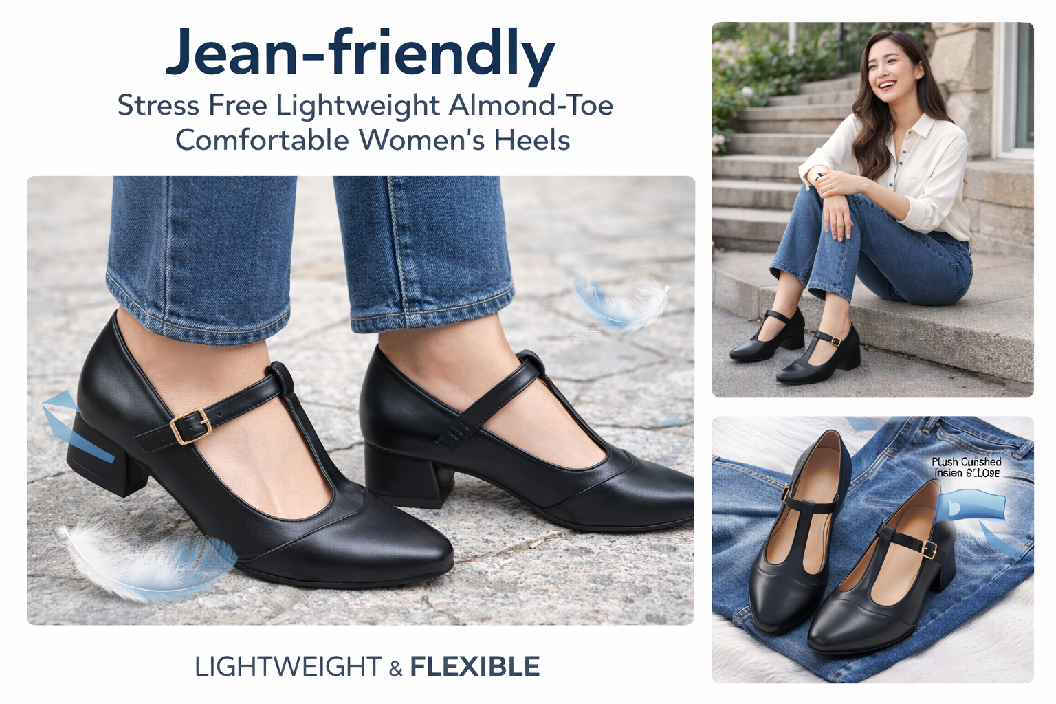 Comfort T-Strap Almond-Toe Heels for Women – Cushi