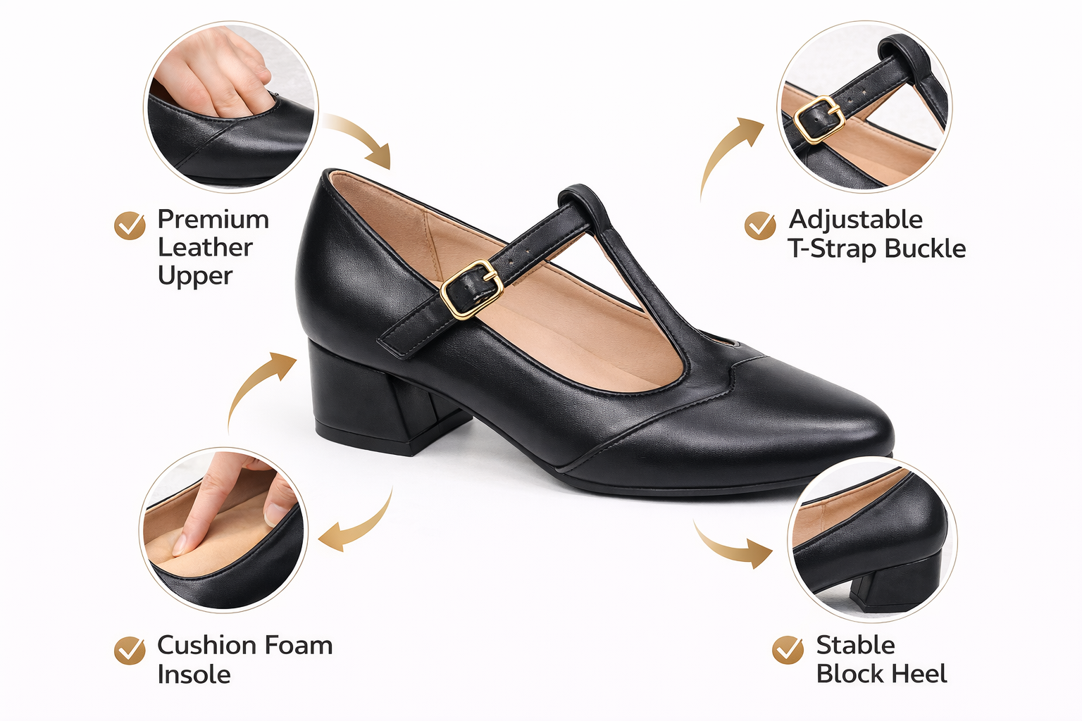 Comfort T-Strap Almond-Toe Heels for Women – Cushioned Low Block Pumps