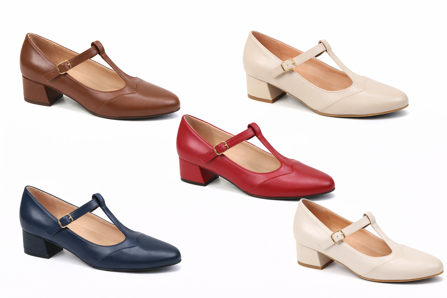 Comfort T-Strap Almond-Toe Heels for Women – Cushioned Low Block Pumps