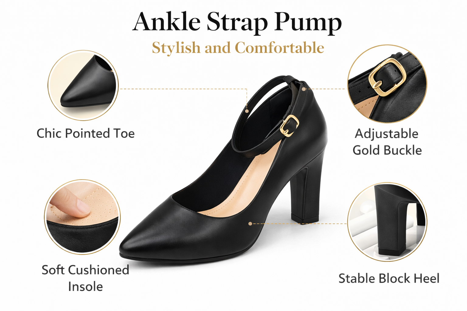 Women’s Ankle Strap Block Heel Pumps – Chic Pointed Toe Comfort Shoes