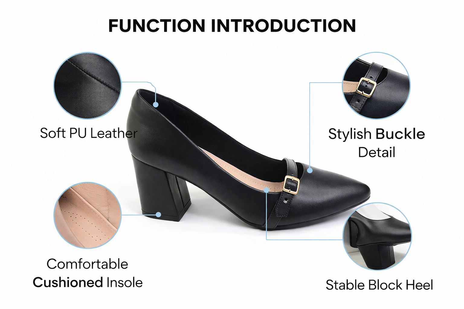 Stress‑Free Lightweight Almond Toe Block Heel Pumps with Buckle Strap