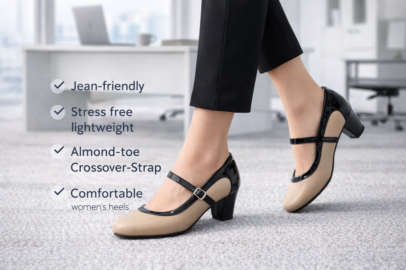 Women’s Crossover Strap Almond-Toe Comfort Heels - Lightweight & Stylish