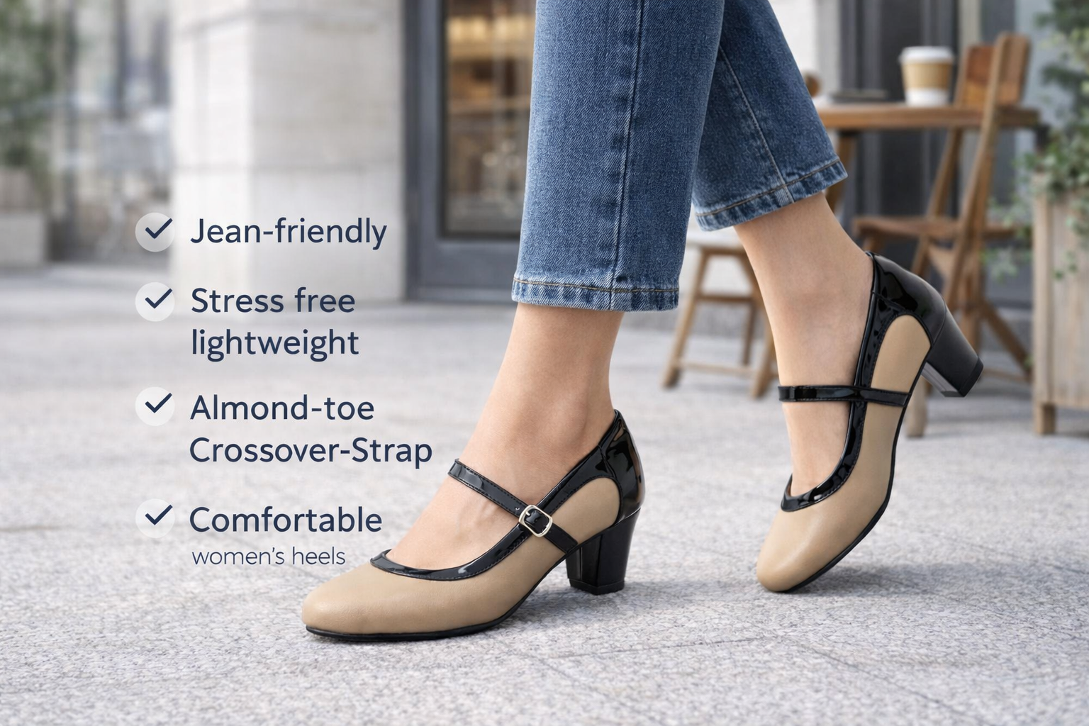 Women’s Crossover Strap Almond-Toe Comfort Heels - Lightweight & Stylish