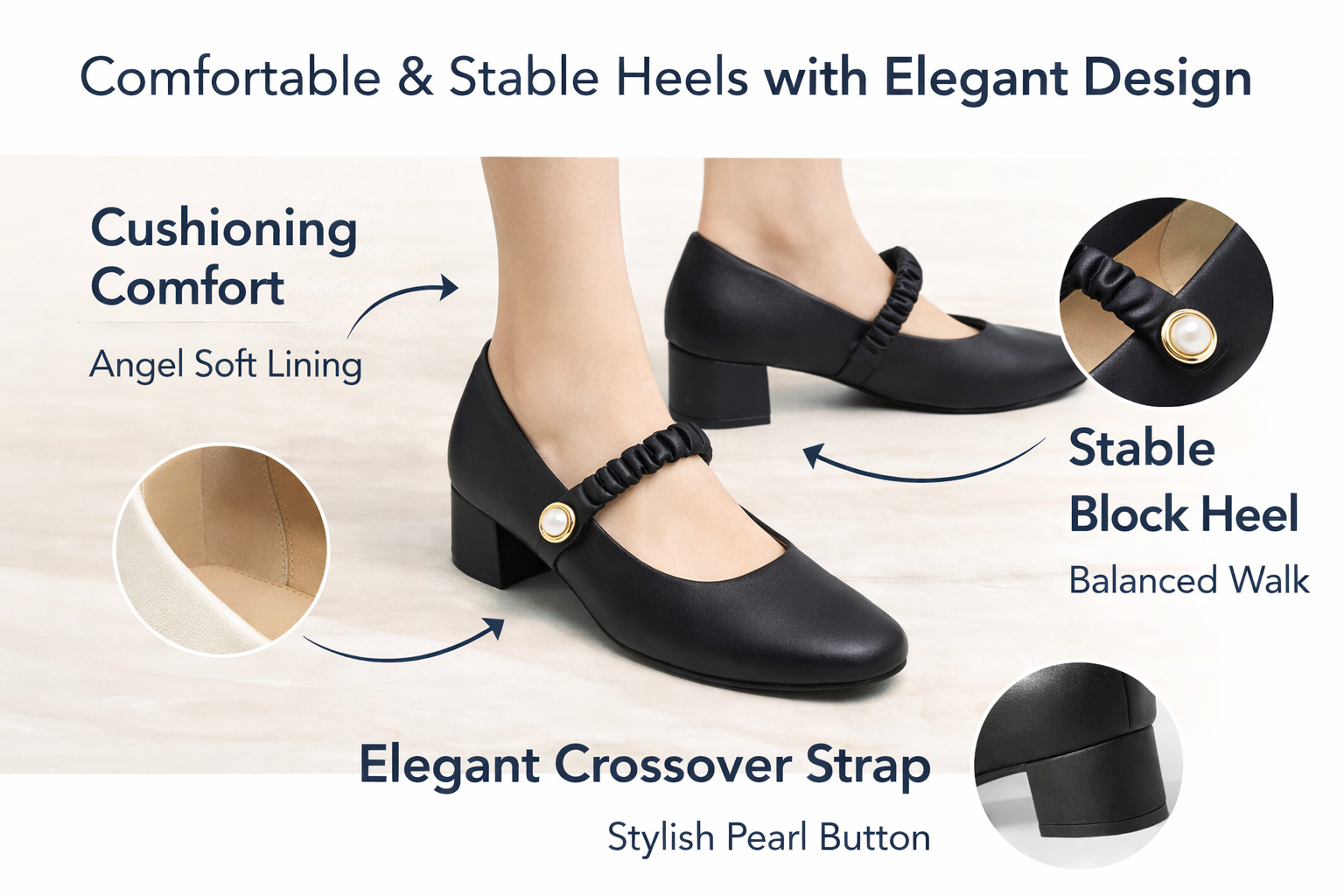 Elegant & Comfortable Women's Almond Toe Heels with Crossover Pearl Strap