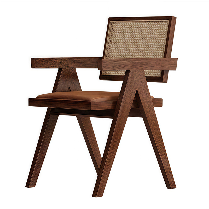 ラタン製背もたれ椅子（茶色革クッション）