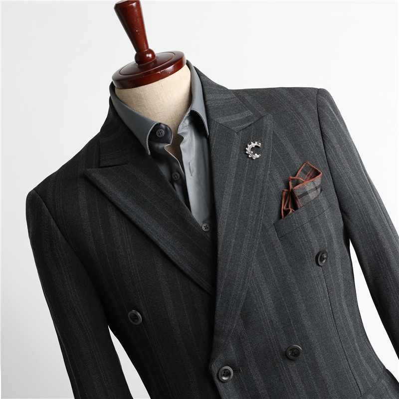 New style suits for men, double-breasted handsome groom wedding dress, stylish slim grey suit