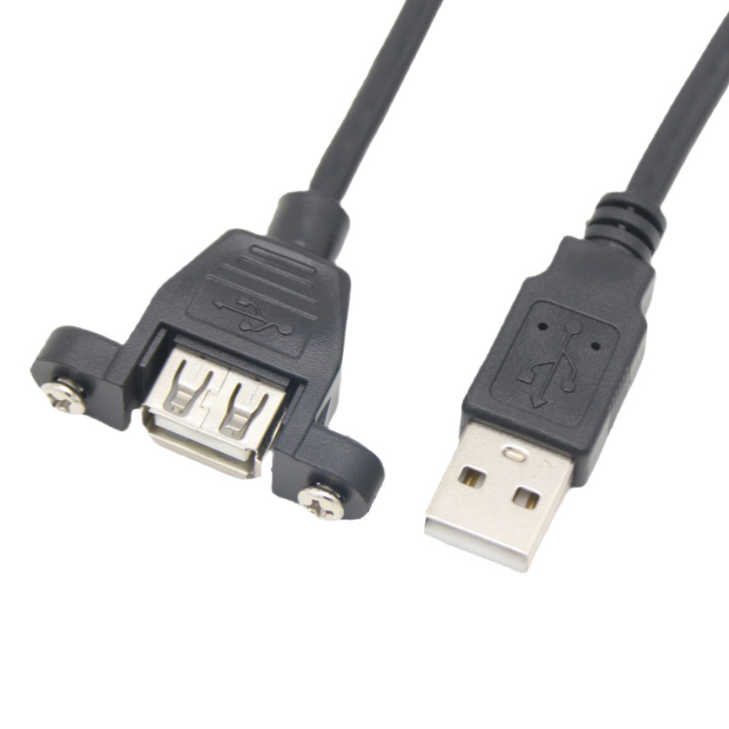USB 2.0 A Male to Female Panel Mount Extension Cable, Screw Lock, 28AWG, Data Cord
