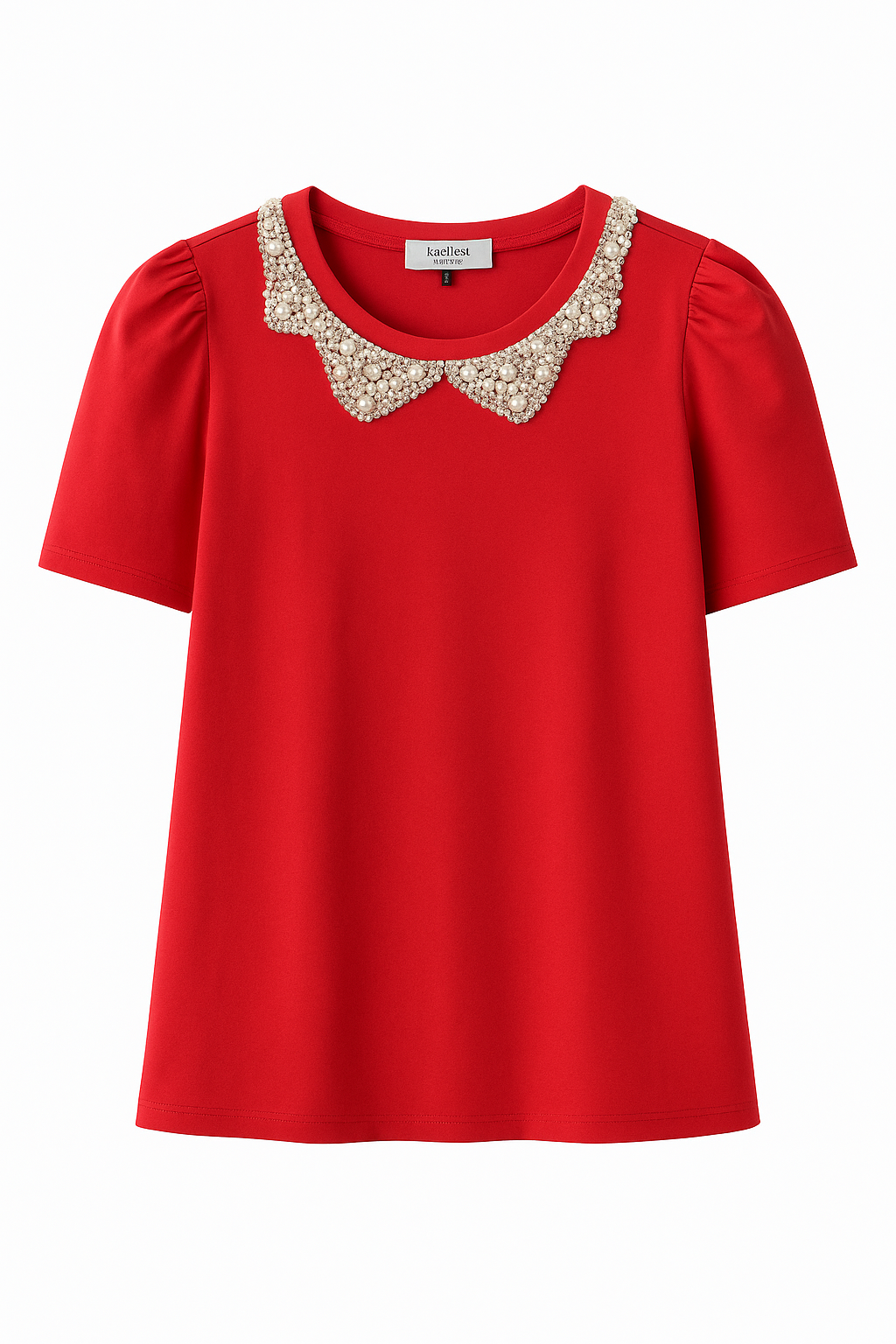Red Short-Sleeve Pearl Collar Top