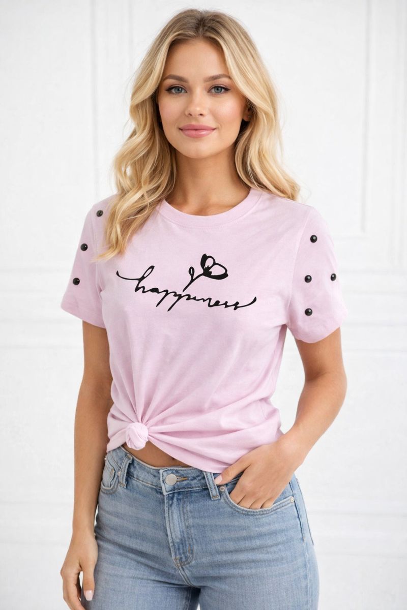 Pink Happiness Graphic Cotton T-Shirt with Sleeve Buttons – Casual Fashion Tee for Women