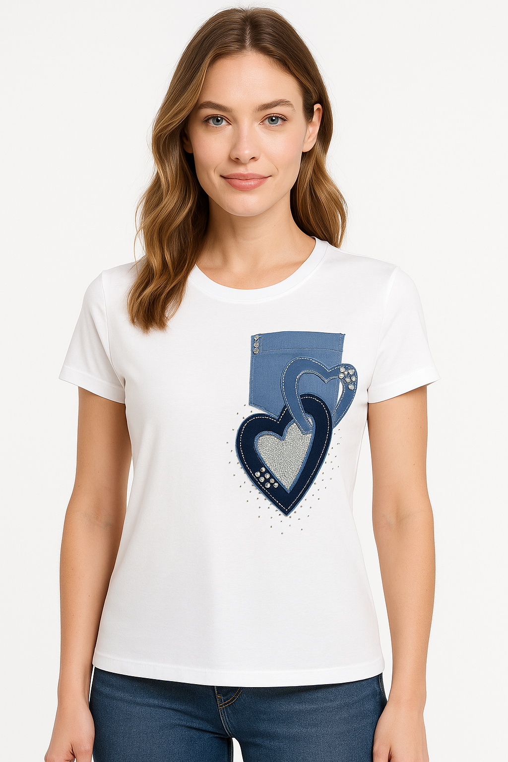 Women’s Denim Heart Appliqué T-Sh