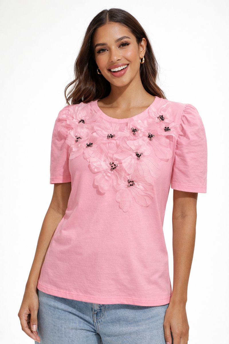 Pink 3D Flower Appliqué Cotton T-Shirt – Feminine & Elegant Top