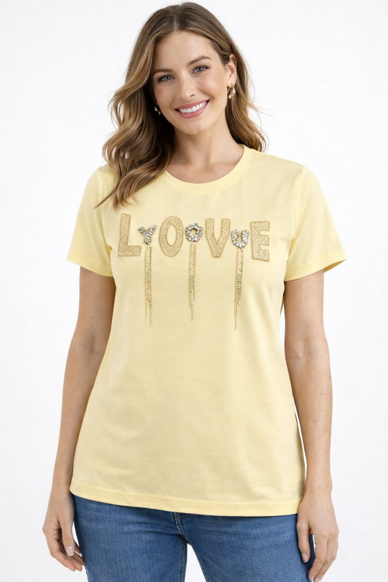 Yellow Cotton T-Shirt with Rhinestone LOVE Letter Appliqué