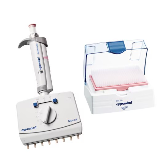 Eppendorf Research® plus Move It® 8-通道, 4.5-14 mm 吸嘴间距 5 – 100 µL, 淡黄色 包含384个移液器吸头的epT.I.P.S.® Box 2.0