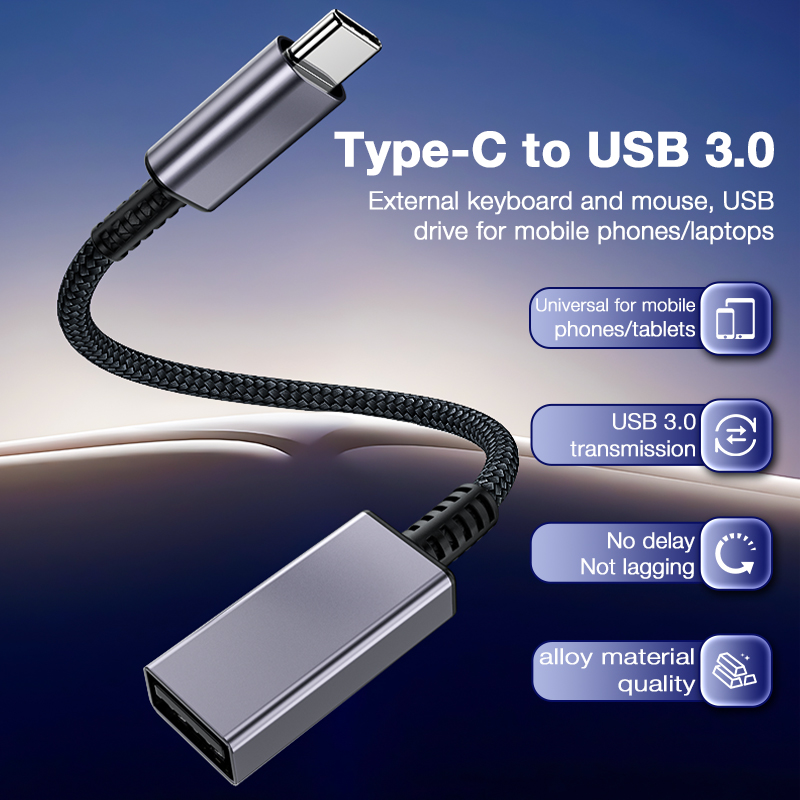 Nylon Braided USB3.0 Type C Male to USB A Female OTG Cable