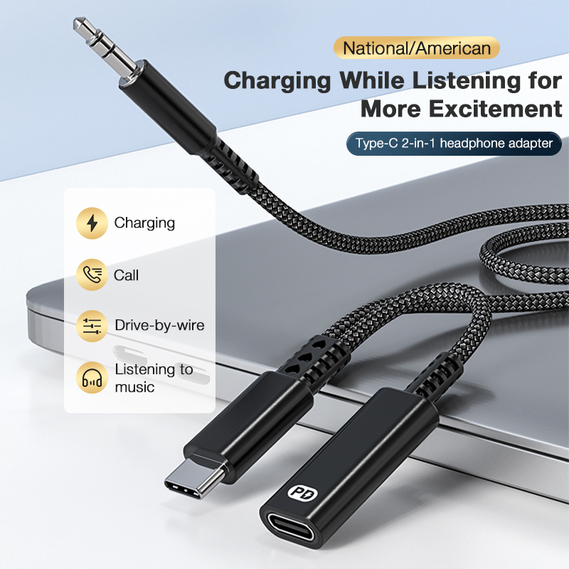 2 in 1 USB C to 3.5mm Aux Cord for Car with Charging