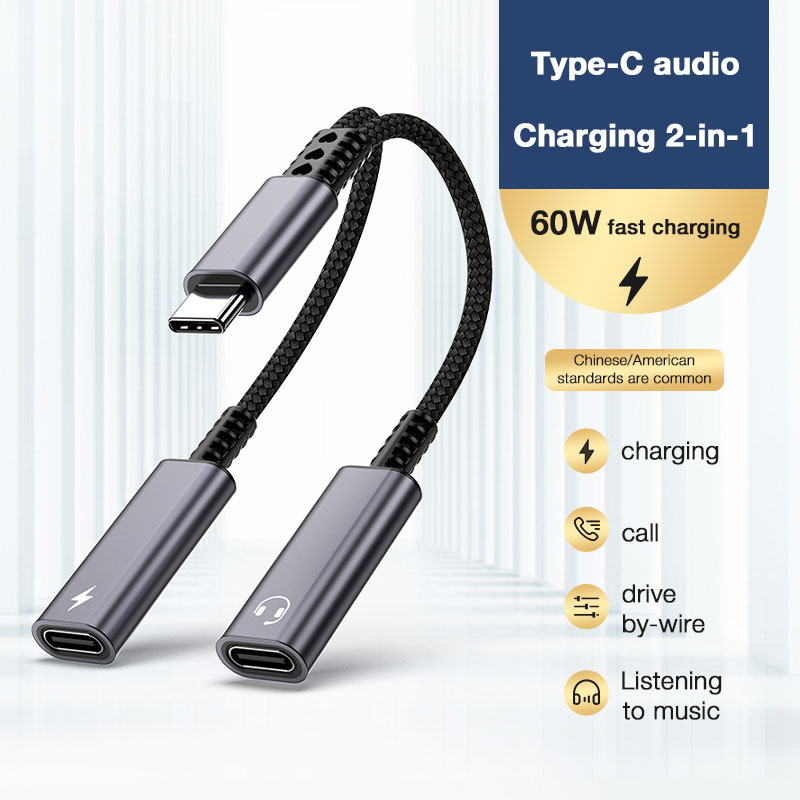 USB Type C to Dual USB C Female Audio Connector Headphone and Type C Charging Adapter Splitter Music 2 in 1 Aux Cable